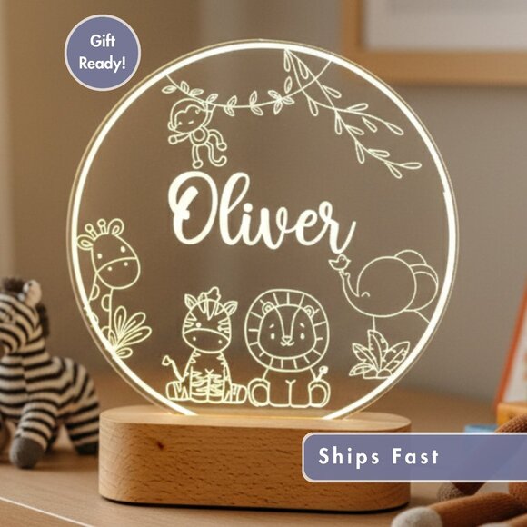 Safari Night Light – Personalized Lion, Giraffe & Monkey LED Lamp - Picture 1 of 8